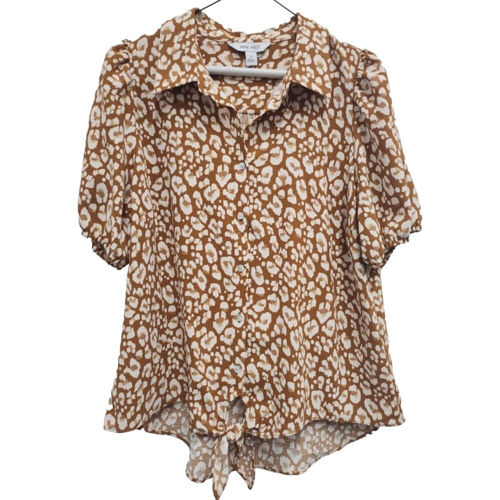 Nine West Womens Buttton Up Top Medium Animal Print‎ Tie Hem Puff Sleeve Preppy